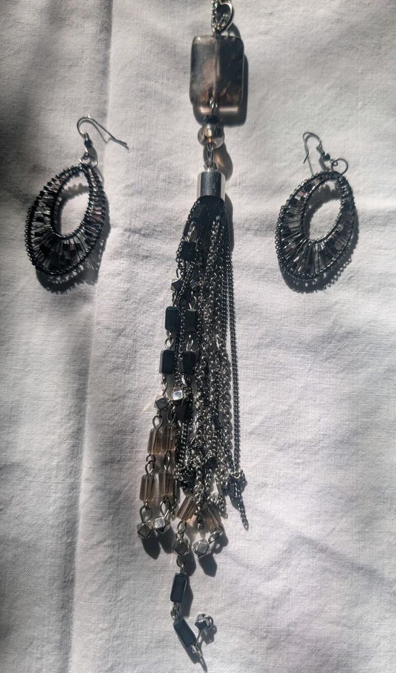 chain tassel necklace accented with smoky gray and black beads & Earrings 1946